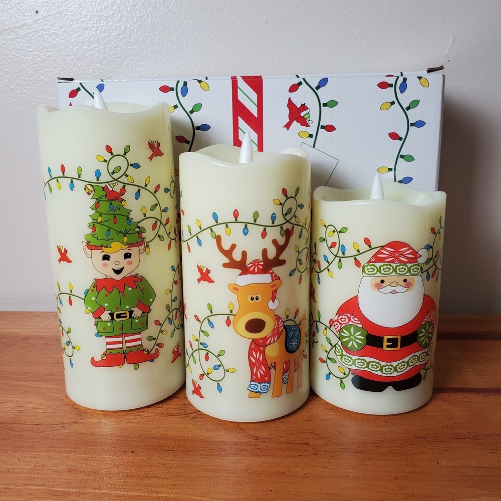 Temptations Fiberoptic Flameless Christmas Candles Gingerbread Snowman Elf Santa